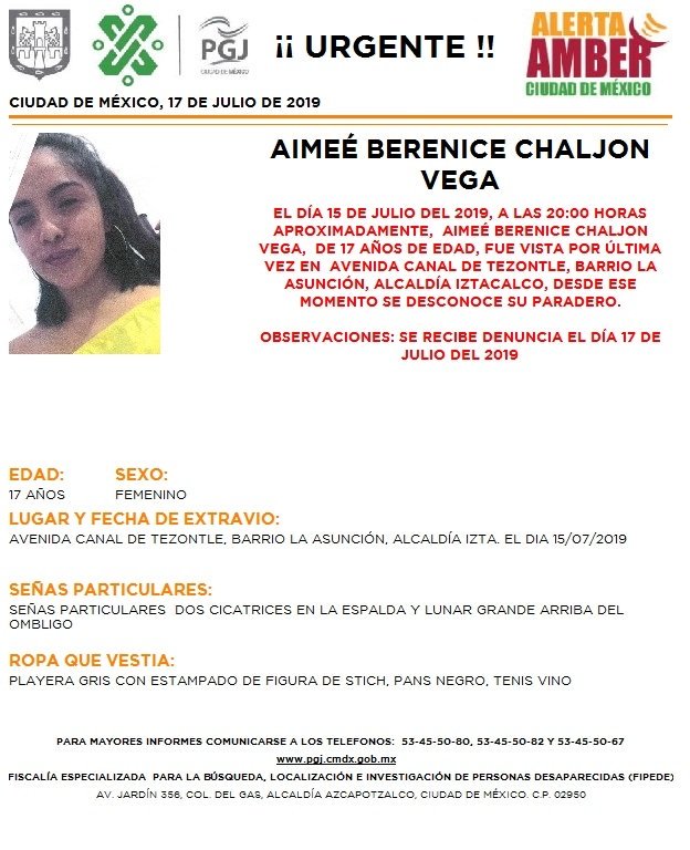 Foto Alerta Amber para localizar a Aimeé Berenice Chaljon Vega 17 julio 2019