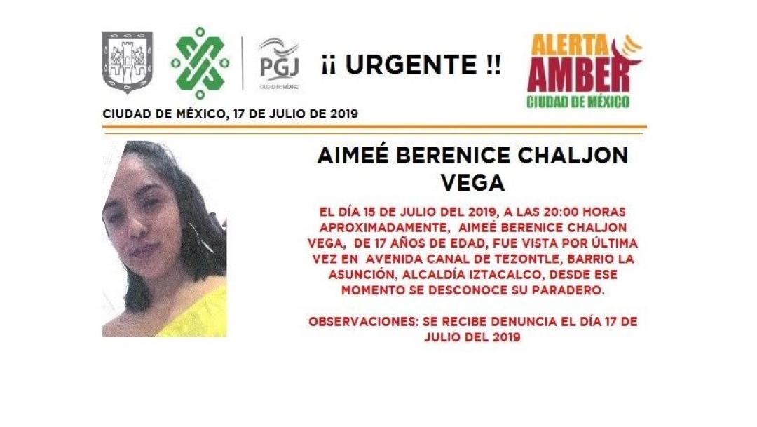 Alerta Amber: Ayuda a localizar a Aimeé Berenice Chaljon Vega
