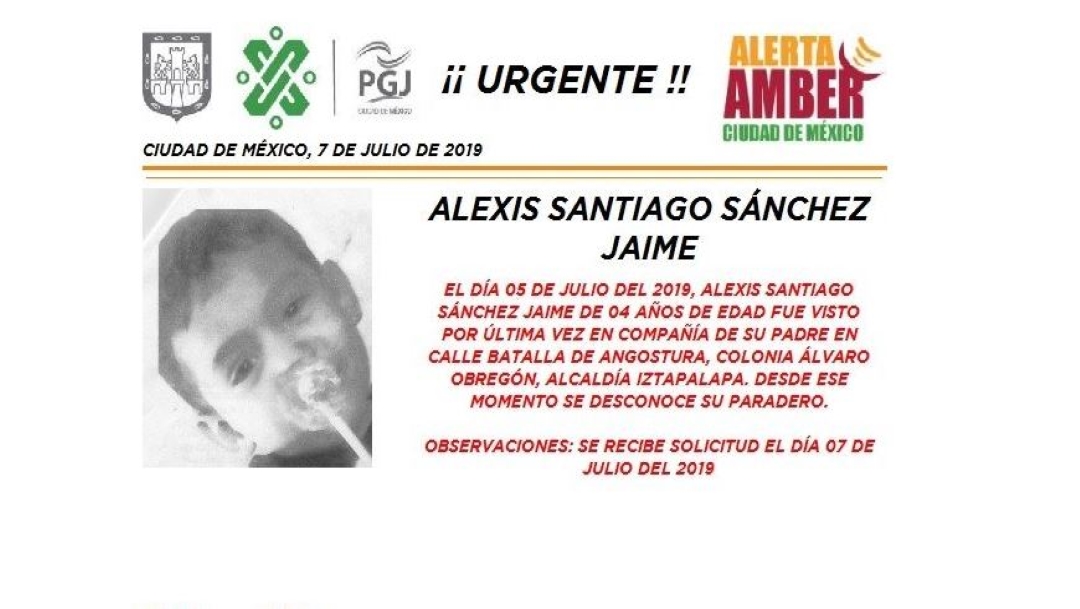 Foto Alerta Amber para localizar a Alexis Santiago Sánchez Jaime 8 julio 2019