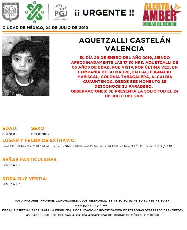 Foto Alerta Amber para localizar a Aquetzalli Castelán Valencia 24 julio 2019