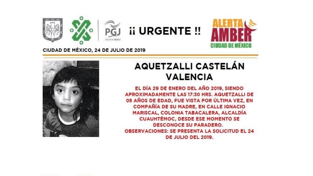 Foto Alerta Amber para localizar a Aquetzalli Castelán Valencia 24 julio 2019