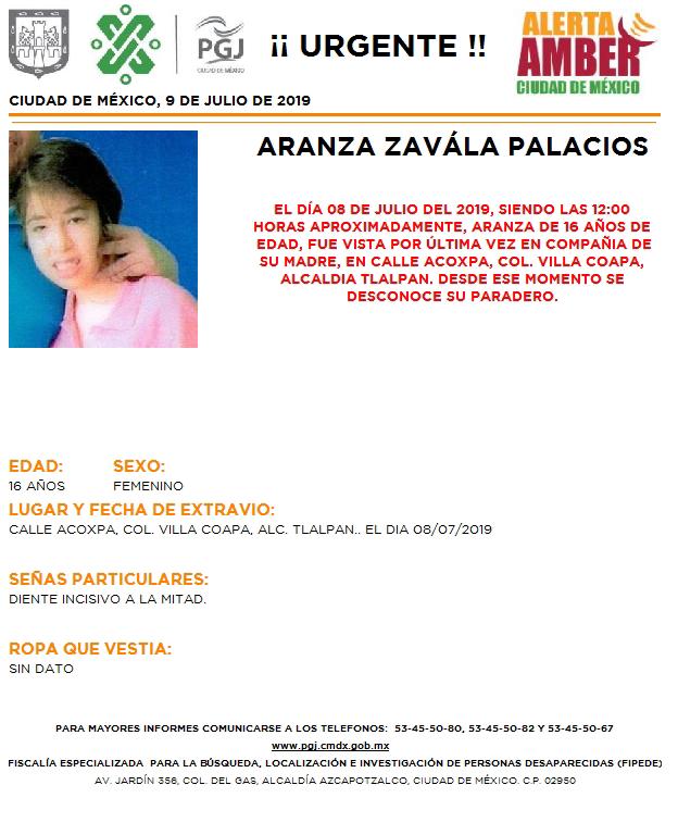 Foto Alerta Amber para localizar a Aranza Zavála Palacios 10 julio 2019