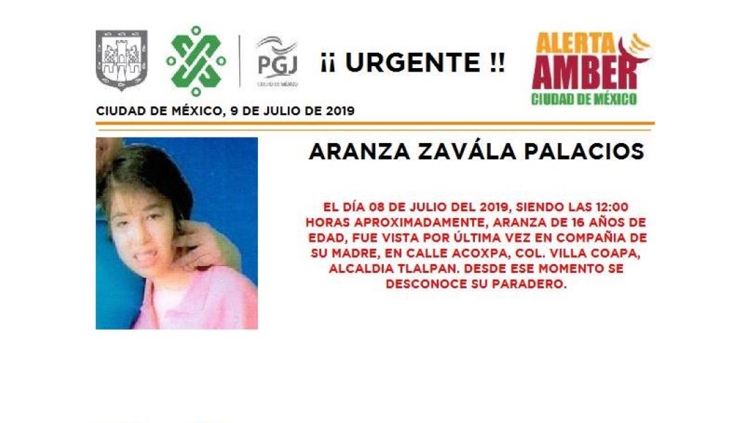 Alerta Amber: Ayuda a localizar a Aranza Zavala Palacios