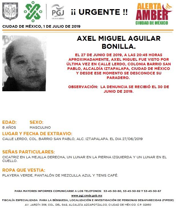 Foto Alerta Amber para localizar a Axel Miguel Aguilar Bonilla 1 julio 2019