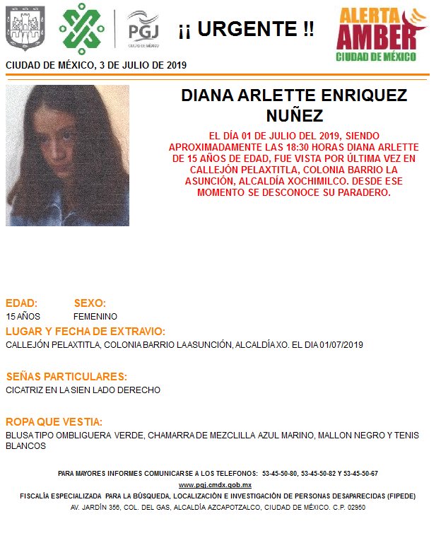 Foto: Alerta Amber para localizar a Diana Arlette Enríquez Nuñez 3 julio 2019