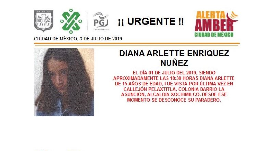 Alerta Amber: Ayuda a localizar a Diana Arlette Enríquez Nuñez
