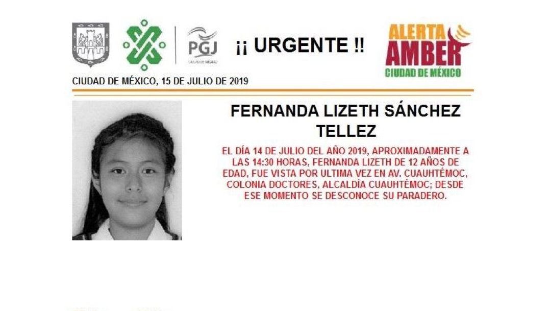 Foto: Alerta Amber para localizar a Fernanda Lizeth Sánchez Tellez 15 julio 2019