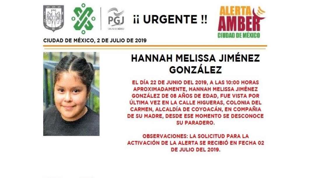 Foto Alerta Amber para localizar a Hannah Melissa Jiménez González 2 julio 2019