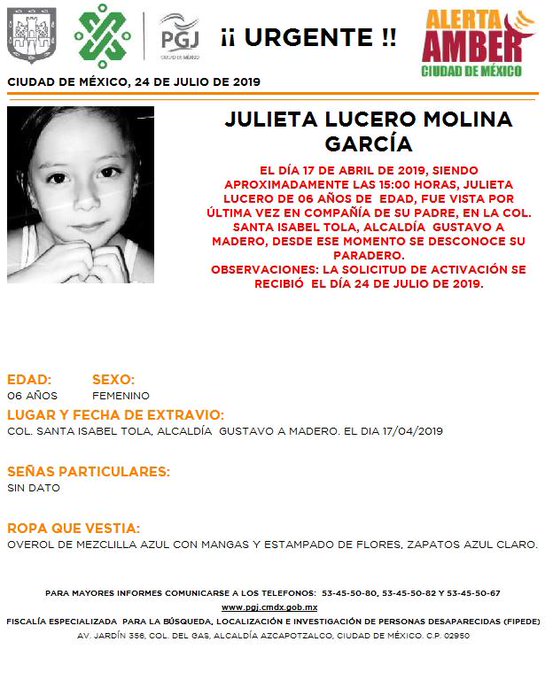 Foto Alerta Amber para localizar a Julieta Lucero Molina García 25 julio 2019