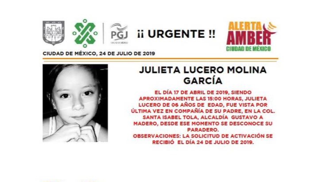 Foto Alerta Amber para localizar a Julieta Lucero Molina García 25 julio 2019