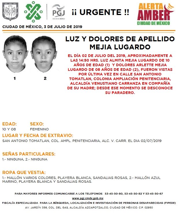 Foto Alerta Amber para localizar a Luz Almita y Dolores Arlette Mejía Lugardo 3 julio 2019