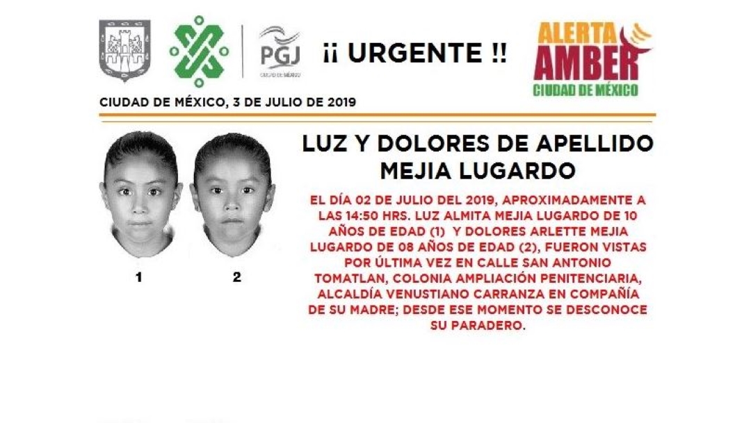 Foto Alerta Amber para localizar a Luz Almita y Dolores Arlette Mejía Lugardo 3 julio 2019