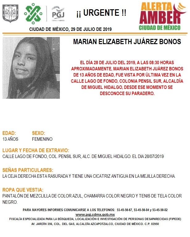 Foto Alerta Amber para localizar a Marian Elizabeth Juárez Bonos 29 julio 2019