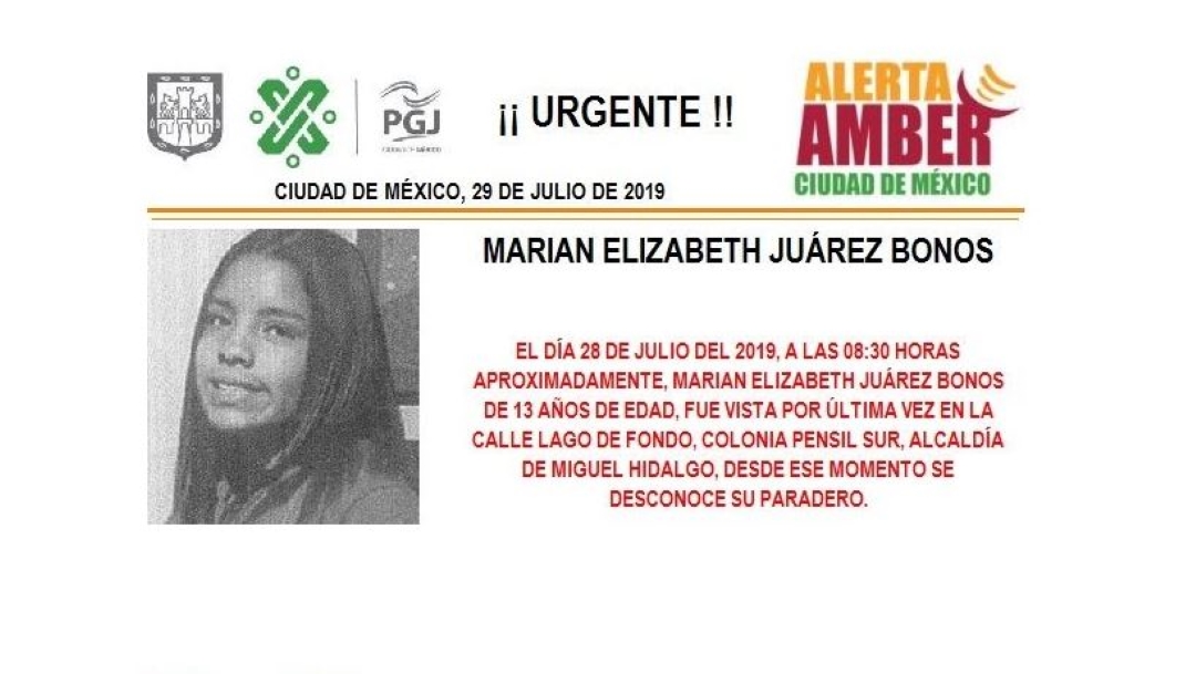 Foto Alerta Amber para localizar a Marian Elizabeth Juárez Bonos 29 julio 2019