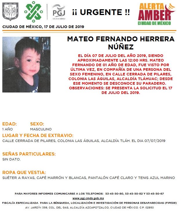Foto Alerta Amber para localizar a Mateo Fernando Herrera Núñez 18 julio 2019