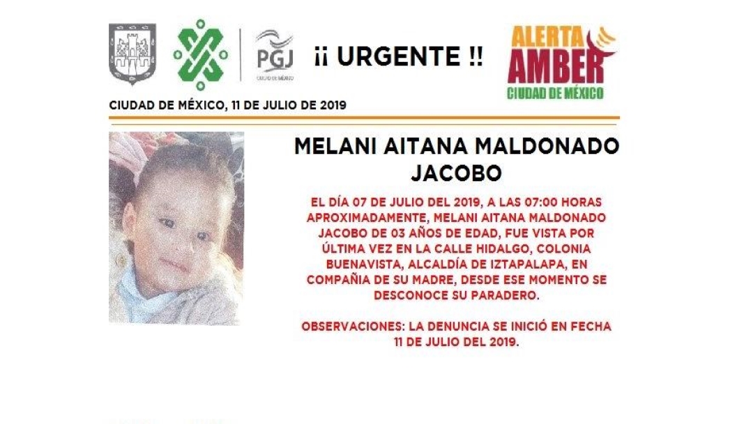 Foto Alerta Amber para localizar a Melani Aitana Maldonado Jacobo 11 julio 2019