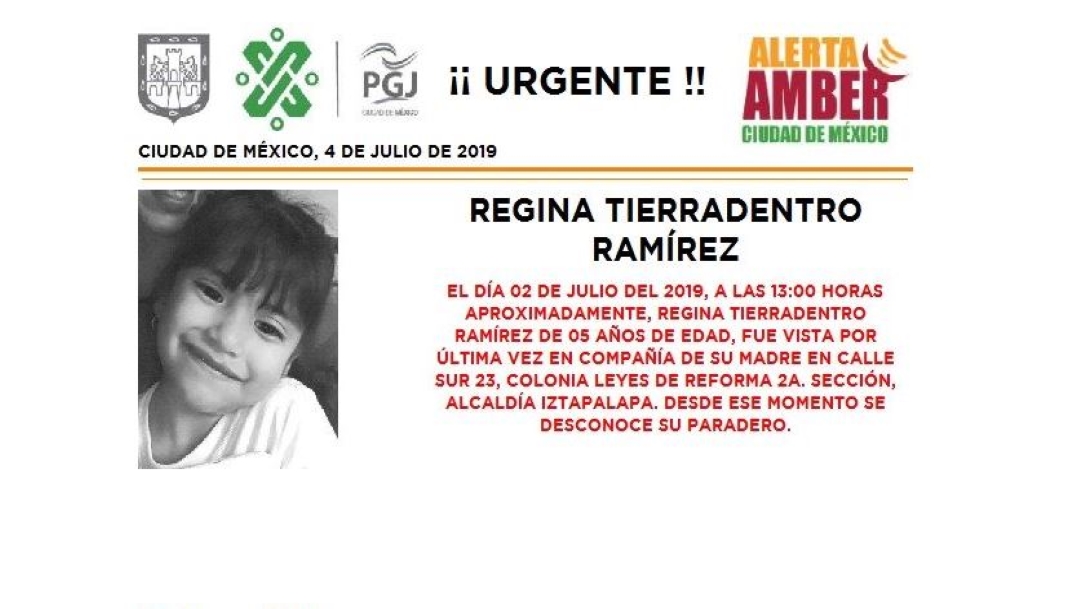 Alerta Amber: Ayuda a localizar a Regina Tierradentro Ramírez