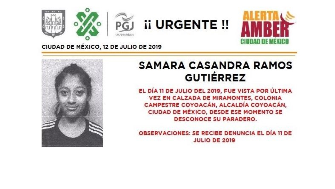 Foto Alerta Amber para localizar a Samara Casandra Ramos Gutiérrez 12 julio 2019