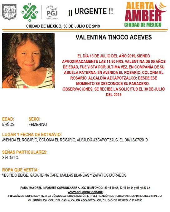 Foto Alerta Amber para localizar a Valentina Tinoco Aceves 30 julio 2019
