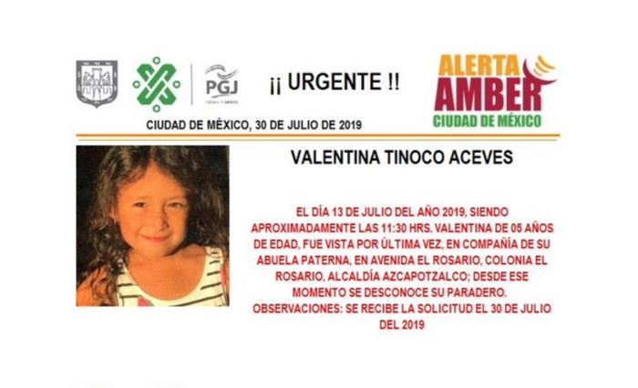 Foto Alerta Amber para localizar a Valentina Tinoco Aceves 30 julio 2019