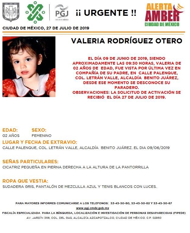 Foto Alerta Amber para localizar a Valeria Rodríguez Otero 29 julio 2019