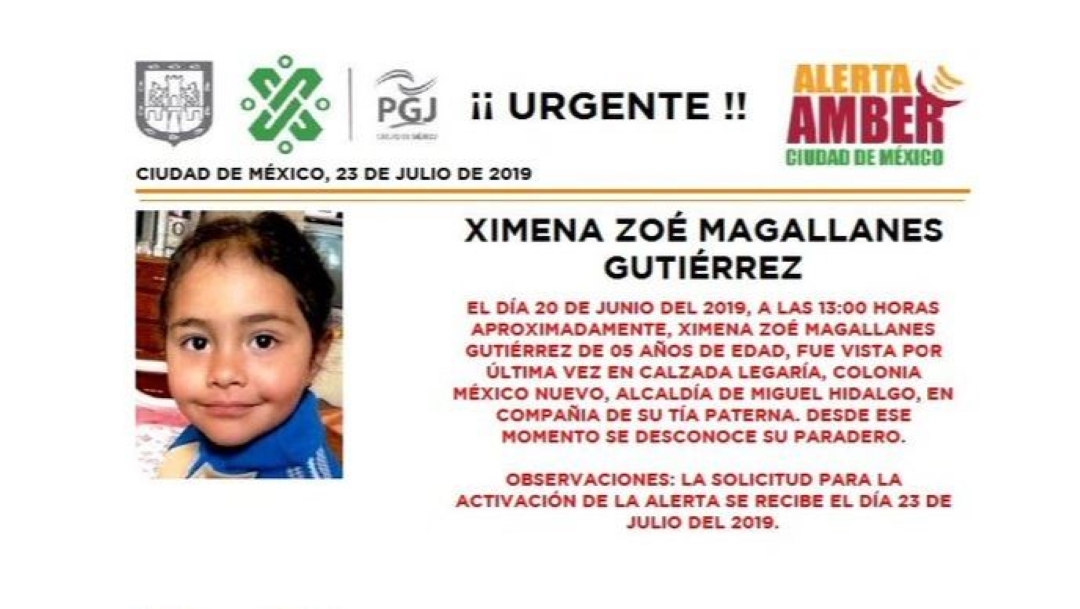 Foto Alerta Amber para localizar a Ximena Zoé Magallanes Gutiérrez 23 julio 2019