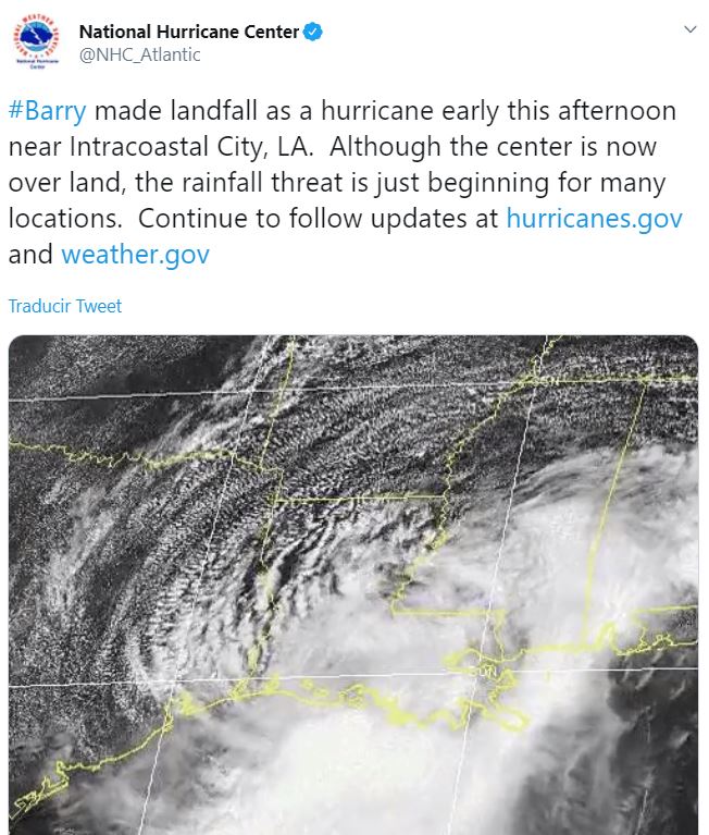 ‘Barry’ toca tierra en Luisiana y se vuelve tormenta tropical
