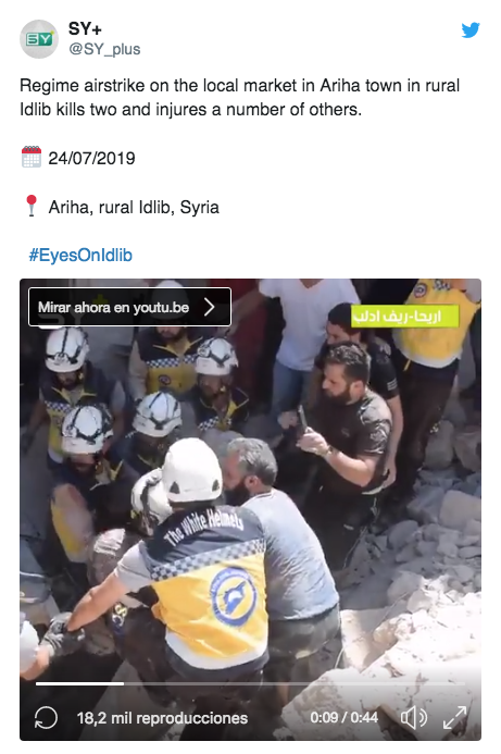 Foto: En redes sociales, el SY+ informa las labores de rescate y situación de víctimas en Siria. 28 de julio 2019