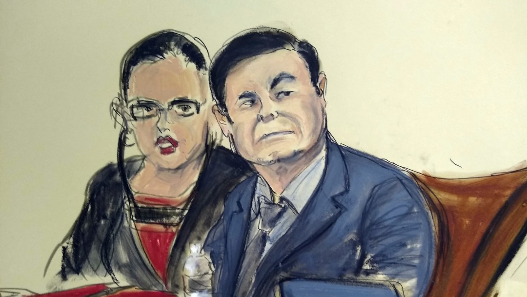 Foto: Dibujo de 'El Chapo' Guzmán durante juicio en Nueva York, 4 de febrero de 2019, Estados Unidos