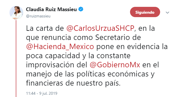 IMAGEN Renuncia Carlos Urzúa a la Secretaría de Hacienda y Crédito Público; Claudia Ruiz Massieu responde (Twitter 9 julio 2019 cdmx)