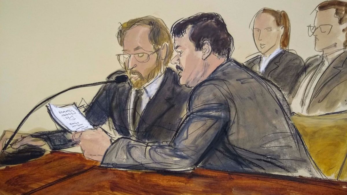 Foto: Boceto del juicio de Joaquín “Chapo” Guzmán durante su sentencia en una corte de Nueva York, EEUU. El 17 de julio de 2019