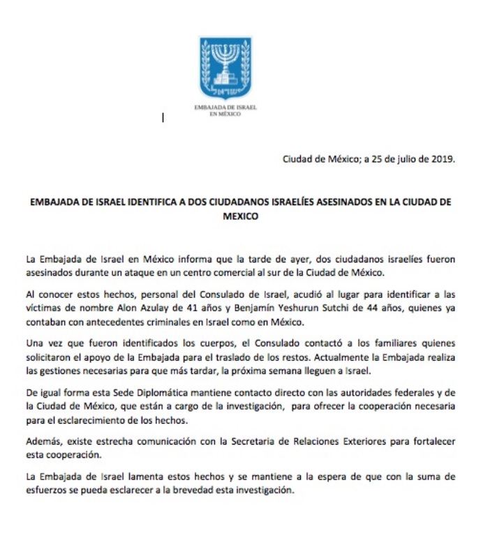 Foto: Comunicado de la embajada de Israel en México sobre la balacera en Artz Pedregal. El 25 de julio de 2019