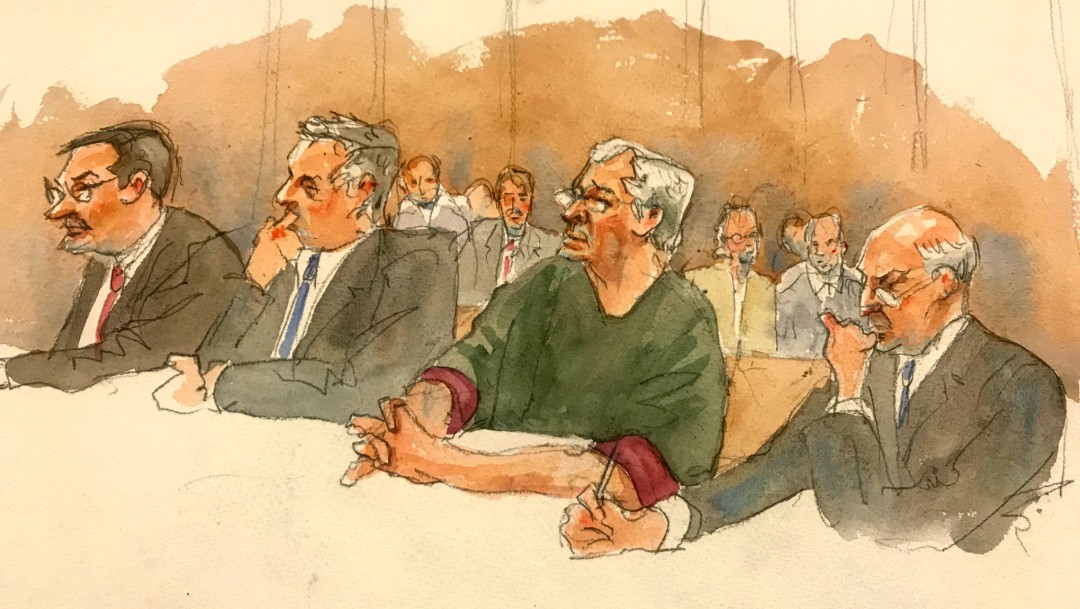 Foto: Dibujo de Jeffrey Epstein durante juicio en Nueva York, 18 de julio de 2019