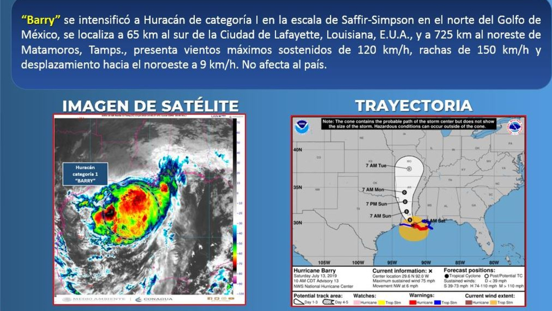 Foto: Barry se intensificó a huracán categoría 1 en la escala Saffir-Simpson, se localizó sobre la linea de costa de Louisiana, EU, 13 julio 2019