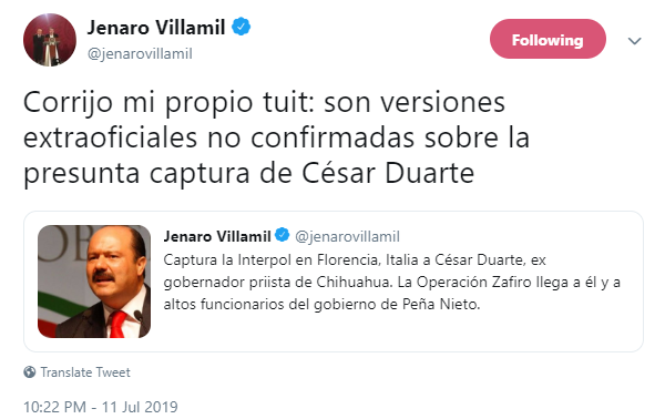 IMAGEN Jenaro Villamil aclara que no está confirmada la captura de César Duarte (Twitter)