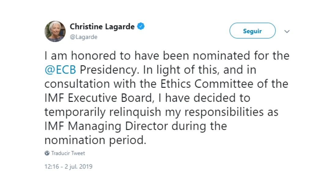 Foto: Tuit de Christine Lagarde sobre nominación al BCE, 2 de julio de 2019 