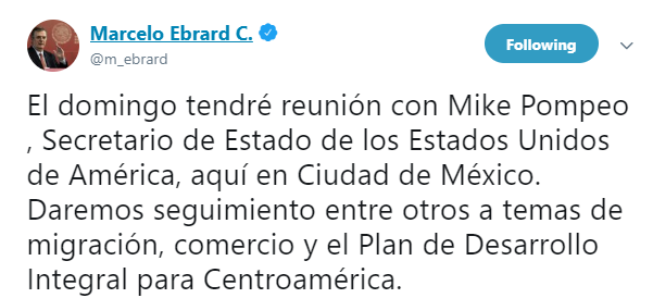 Imagen Mike Pompeo visitará México y se reunirá con Marcelo Ebrard (Twitter)