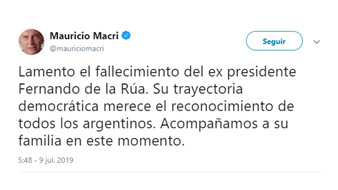 Foto: Mauricio Macri lamenta en Twitter el fallecimiento de De la Rúa, 9 de julio de 2019, Argentina
