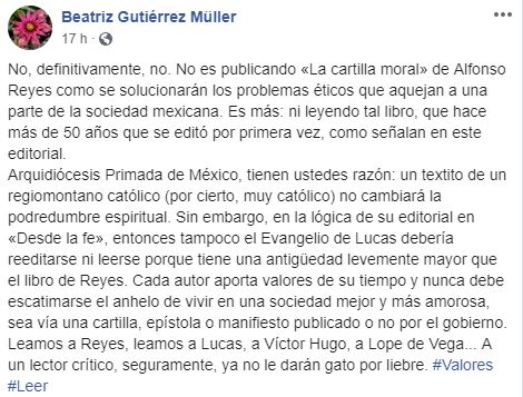 Mensaje de Facebook de Beatriz Gutiérrez Müller sobre la Cartilla Moral