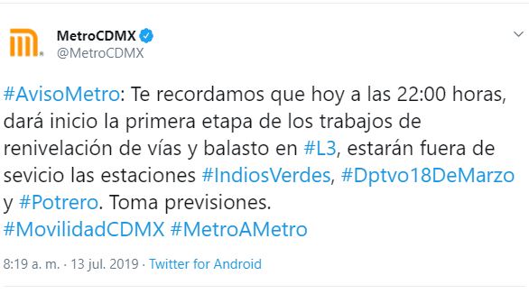 Imagen: Así informaron la suspensión del servicio, 13 de julio de 2019 (Twitter @MetroCDMX)