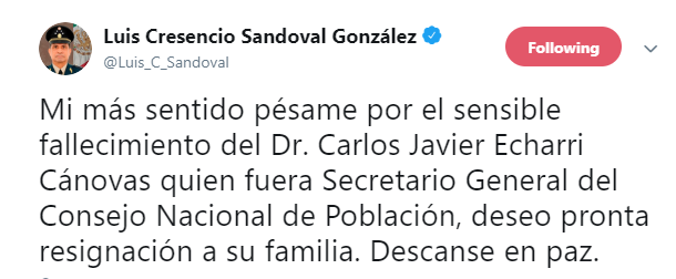 IMAGEN Muere Carlos Echarri, titular del Consejo Nacional de Población (Twitter)