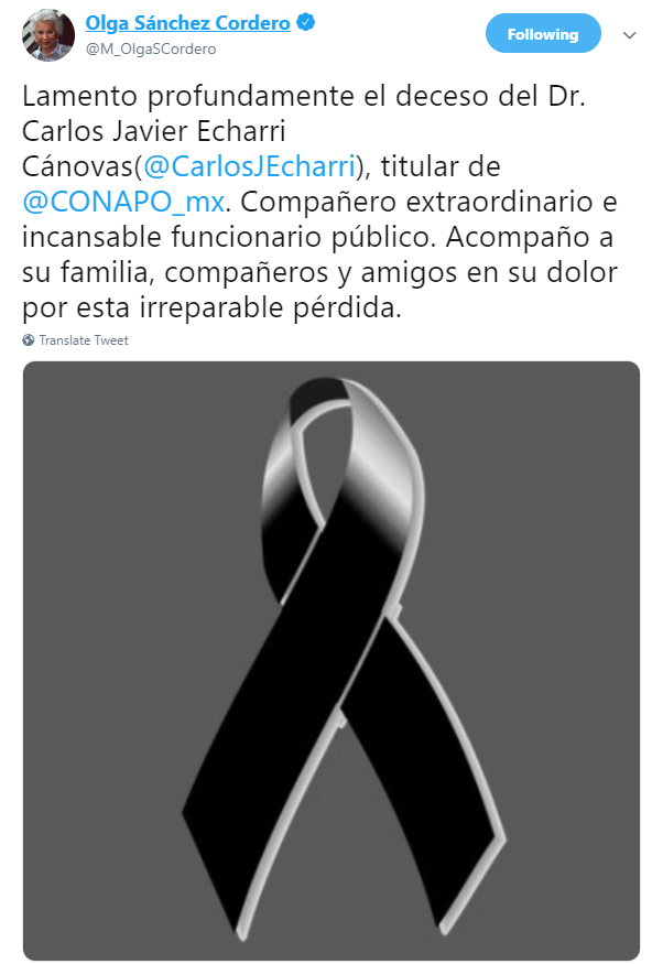 IMAGEN Muere Carlos Echarri, titular del Consejo Nacional de Población; lamenta su muerte la titular de Segob (Twitter)