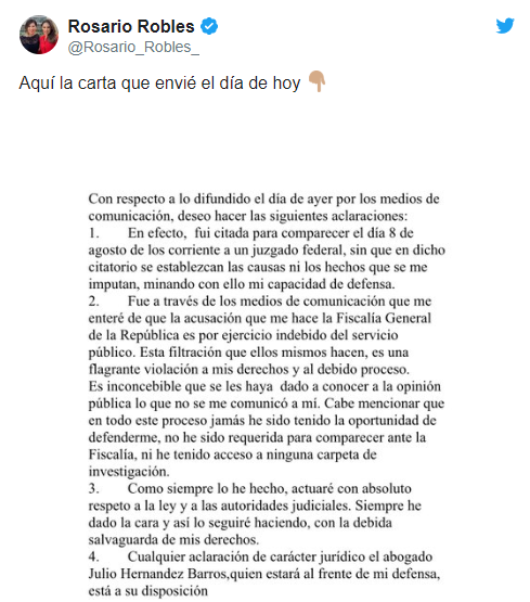 IMAGEN Rosario Robles difunde carta tras anuncio dela Fiscalía General de la República sobre caso 'Estafa Maestra' (Twitter)