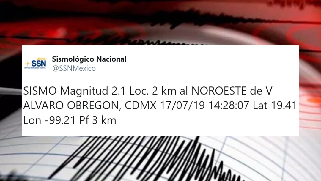 Foto: El Servicio Sismológico Nacional (SSN) reporta este miércoles a las 14:28 horas un sismo de magnitud 2.1 en la alcaldía Álvaro Obregón, julio 19 de 2019 (Twitter: @SSNMexico)