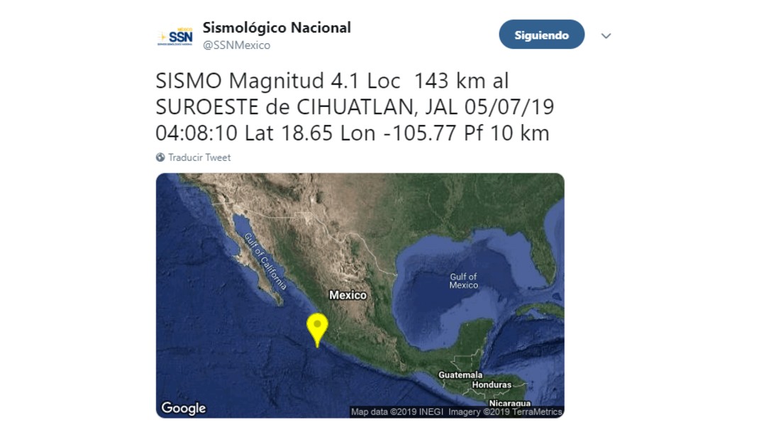 IMAGEN Sismo de magnitud 4.1 se registra en Cihuatlán, Jalisco (SSN)