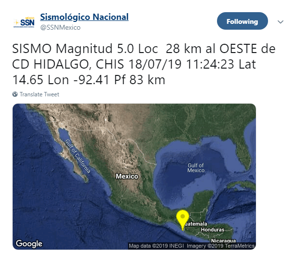 IMAGEN Sismo de magnitud 5 sacude Chiapas (SSN)