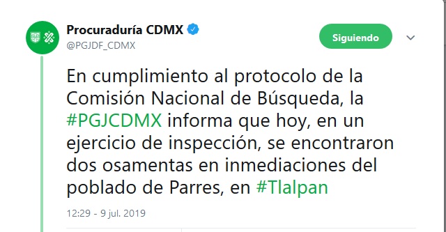 Foto: PGJ-CDMX confirma hallazgo de dos osamentas en Tlalpan, 9 de julio 2019. Twitter @PGJDF_CDMX