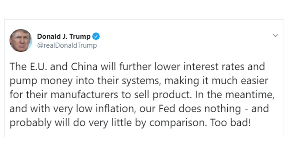 Foto: Tuit de Trump sobre la Reserva Federal, 29 de julio de 2019, Estados Unidos