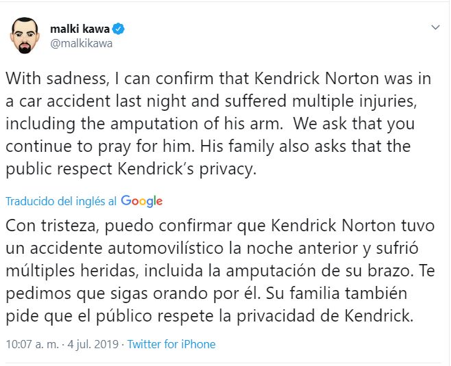 Foto: La información fue ofrecida a través de Malki Kawa, agente de Norton, el 4 de julio de 2019. (Twitter @malkikawa)
