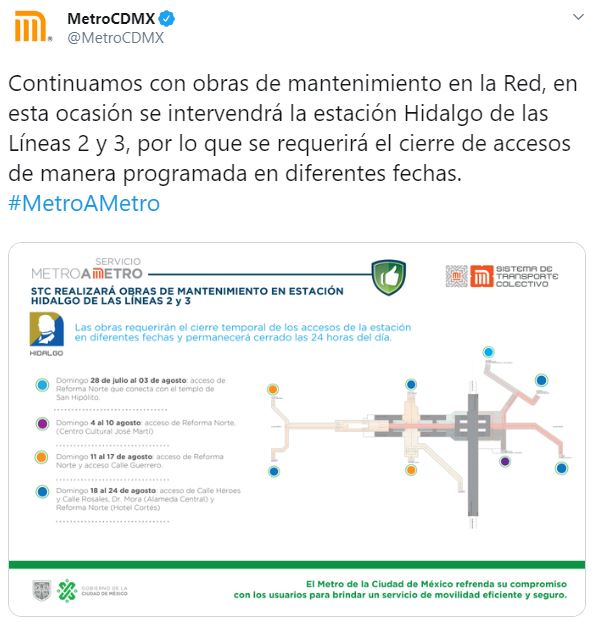 Debido a obras de mantenimiento en la estación Hidalgo de las Líneas 2 y 3, se realizarán cierres temporales en algunos de los accesos